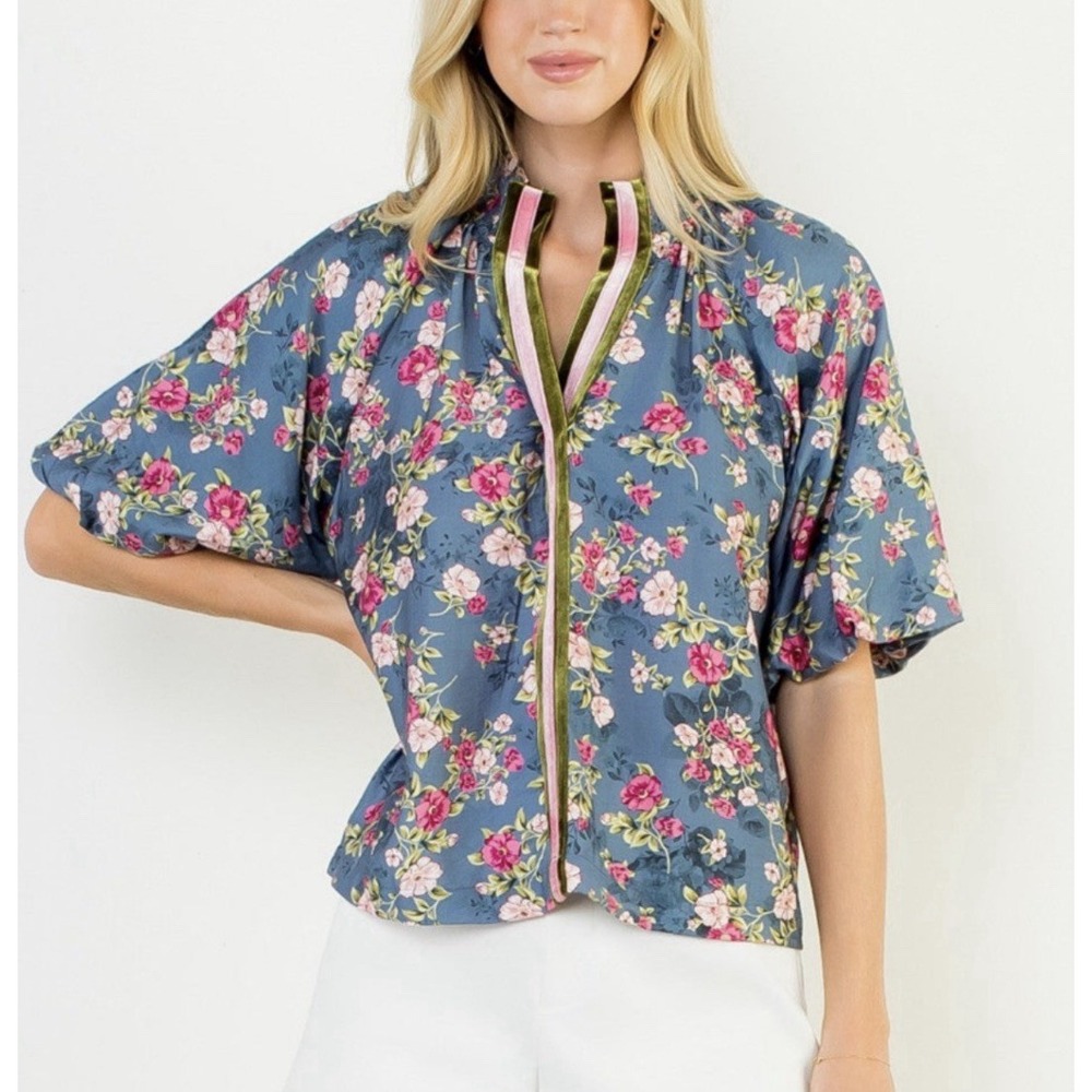 THML Floral Blouse Puff Sleeves Blue Velvet Trim Sz M Boho Career V-Neck